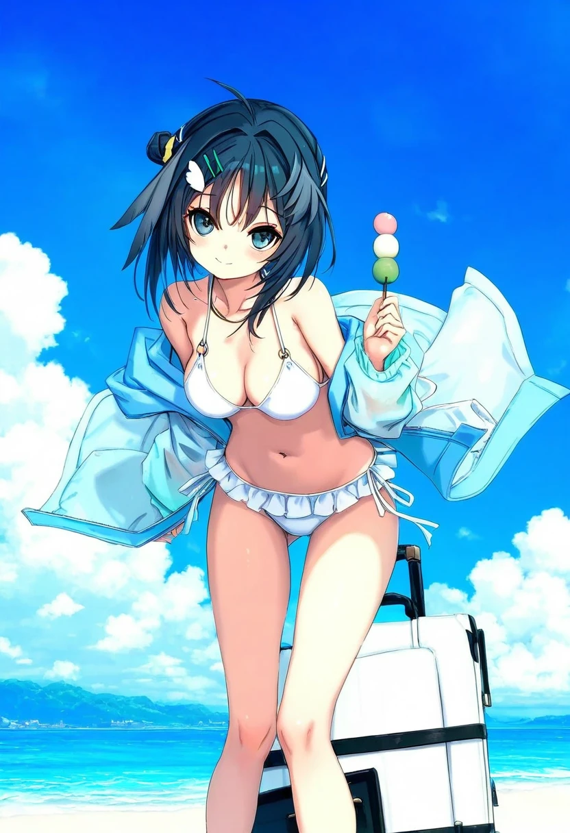 (hitomaru),[sy4,dango \(uni 520\)], - 1girl,la pluma \(summer flowers\) \(arknights\),arknights,white bikini,outdoors,navel,day,sky,blue sky,beach,suitcase,looking at viewer,ocean,low-tied long hair,leaning forward,standing,holding,frills,hand up,bare shoulders,floating hair,