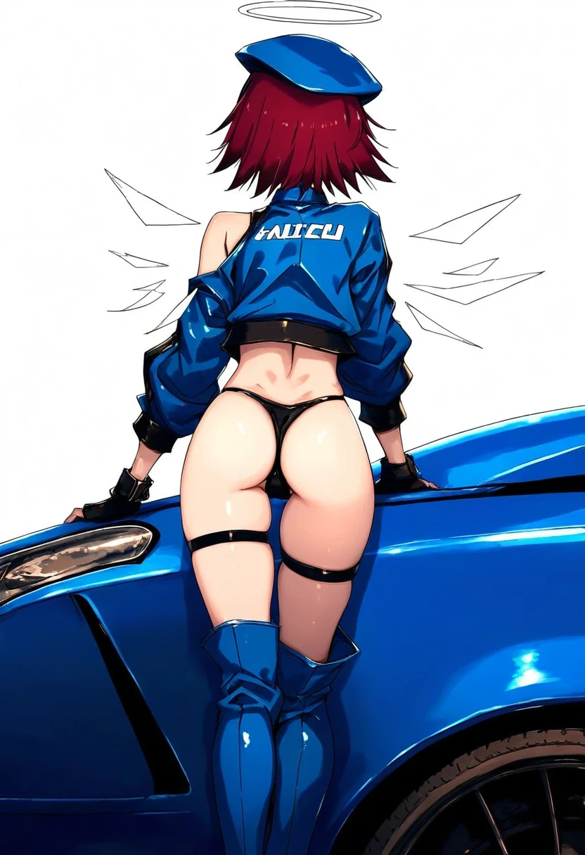 (hitomaru),[sy4,dango \(uni 520\)], - 1girl,exusiai \(arknights\),arknights,black gloves,black panties,blue thigh boots,blue hat,blue jacket,long sleeves,race queen,thigh strap,thong,single bare shoulder,skindentation,tire,