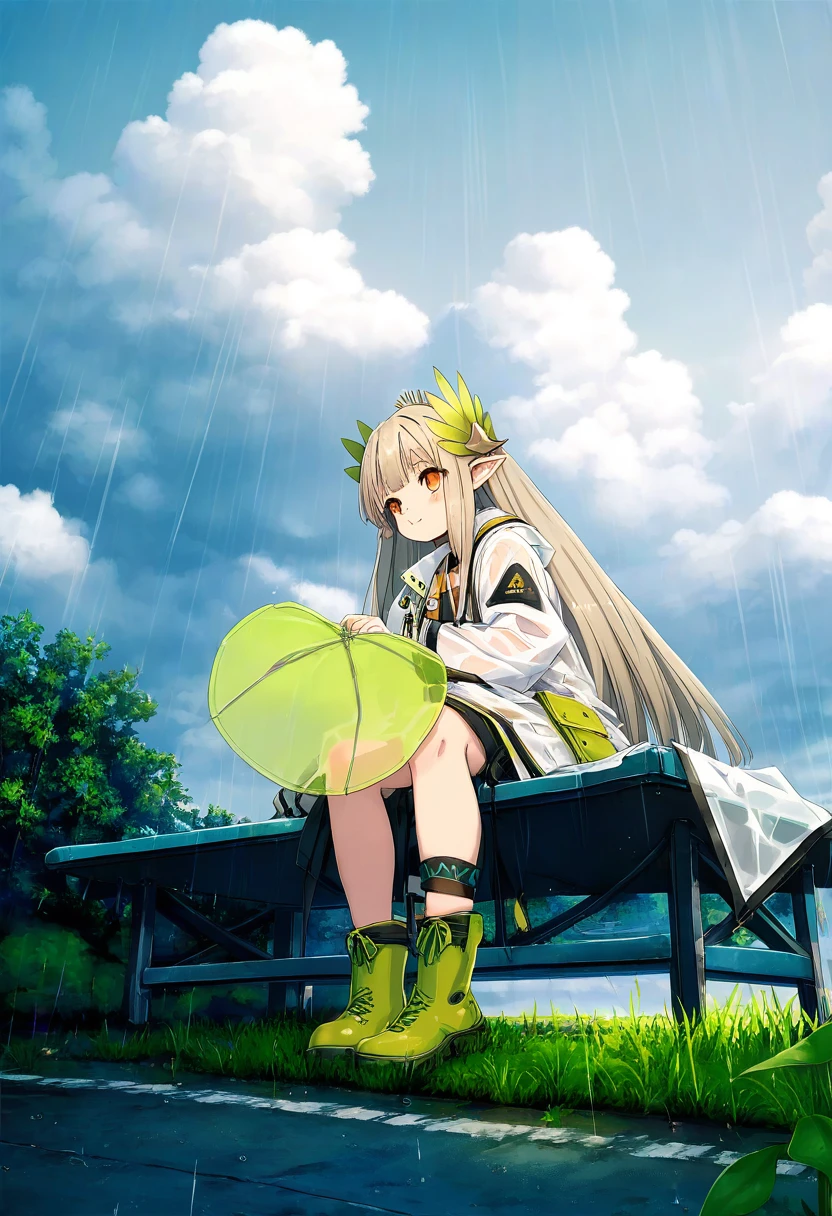 (hitomaru),[sy4,dango \(uni 520\)], - 1girl,muelsyse \(arknights\),arknights,cloudy sky,grass,on bench,outdoors,rain,road,yellow rubber boots,see-through coat,sitting,transparent raincoat,water drop,