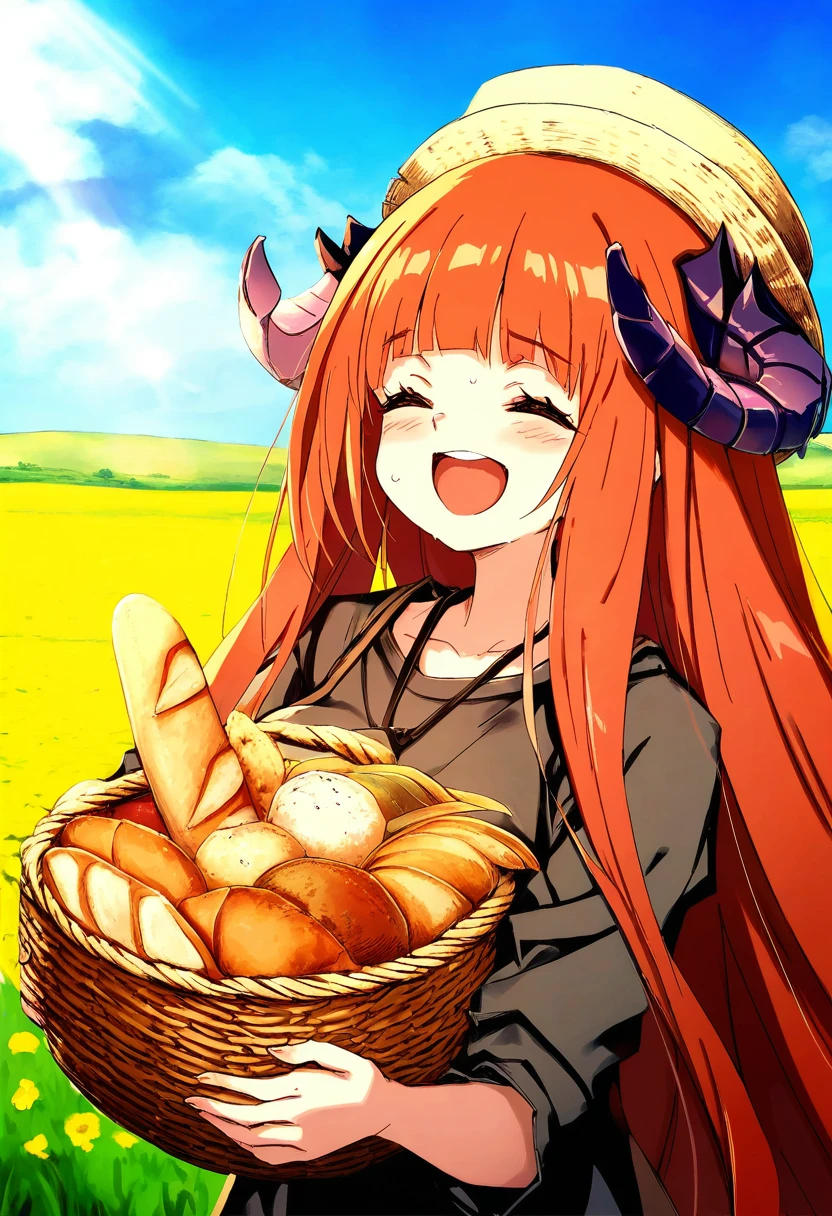 (hitomaru),[sy4,dango \(uni 520\)], - 1girl,bagpipe \(arknights\),arknights,baguette,blush,bread,croissant,holding basket,pretzel,upper body,straw hat,field,sky,laughing,sweat,sunlight,