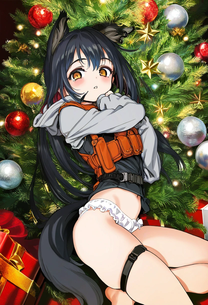 (Kyokucho),((hiro \(dismaless\),yoneyama mai,tianliang duohe fangdongye)),hitomaru,[onono imoko], - 1girl,texas \(arknights\),arknights,underwear,tactical vest,christmas tree,christmas ornaments,