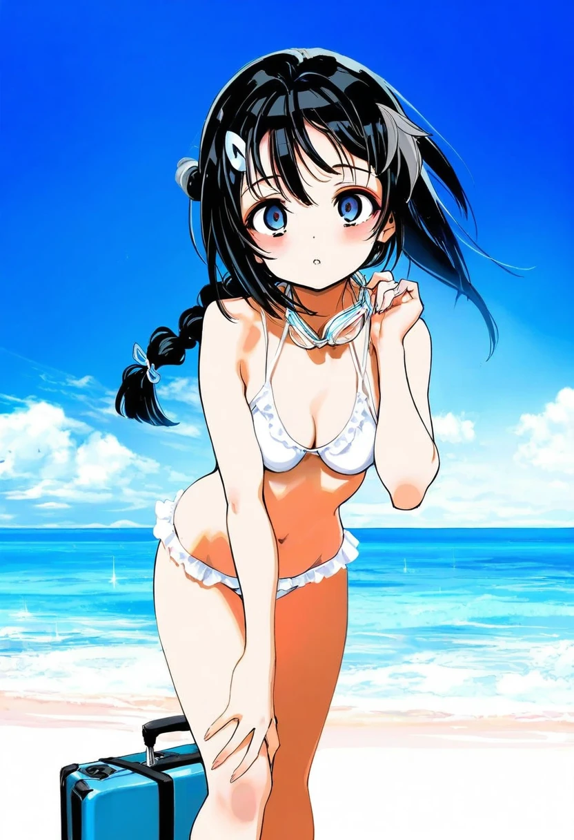 (Kyokucho),((hiro \(dismaless\),yoneyama mai,tianliang duohe fangdongye)),hitomaru,[onono imoko], - 1girl,la pluma \(summer flowers\) \(arknights\),arknights,white bikini,outdoors,navel,day,sky,blue sky,beach,suitcase,looking at viewer,ocean,low-tied long hair,leaning forward,standing,holding,frills,hand up,bare shoulders,floating hair,