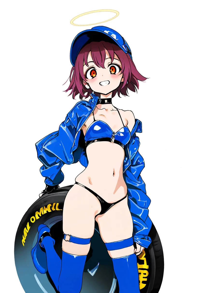 (Kyokucho),((hiro \(dismaless\),yoneyama mai,tianliang duohe fangdongye)),hitomaru,[onono imoko], - 1girl,exusiai \(arknights\),arknights,black gloves,black panties,blue thigh boots,blue hat,blue jacket,long sleeves,race queen,thigh strap,thong,single bare shoulder,skindentation,tire,