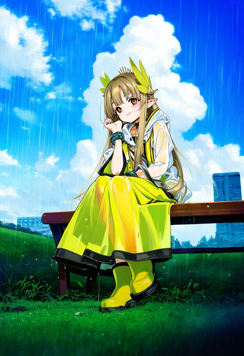 (Kyokucho),((hiro \(dismaless\),yoneyama mai,tianliang duohe fangdongye)),hitomaru,[onono imoko], - 1girl,muelsyse \(arknights\),arknights,cloudy sky,grass,on bench,outdoors,rain,road,yellow rubber boots,see-through coat,sitting,transparent raincoat,water drop,