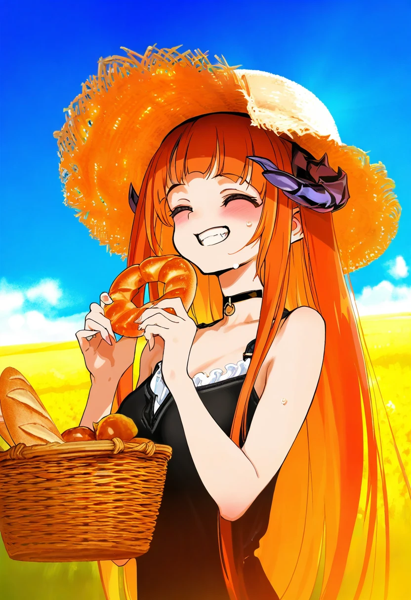 (Kyokucho),((hiro \(dismaless\),yoneyama mai,tianliang duohe fangdongye)),hitomaru,[onono imoko], - 1girl,bagpipe \(arknights\),arknights,baguette,blush,bread,croissant,holding basket,pretzel,upper body,straw hat,field,sky,laughing,sweat,sunlight,