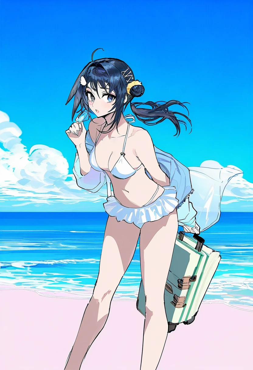 (remsrar),[[cogecha]],[lineart],[[[meyoco]]], - 1girl,la pluma \(summer flowers\) \(arknights\),arknights,white bikini,outdoors,navel,day,sky,blue sky,beach,suitcase,looking at viewer,ocean,low-tied long hair,leaning forward,standing,holding,frills,hand up,bare shoulders,floating hair,