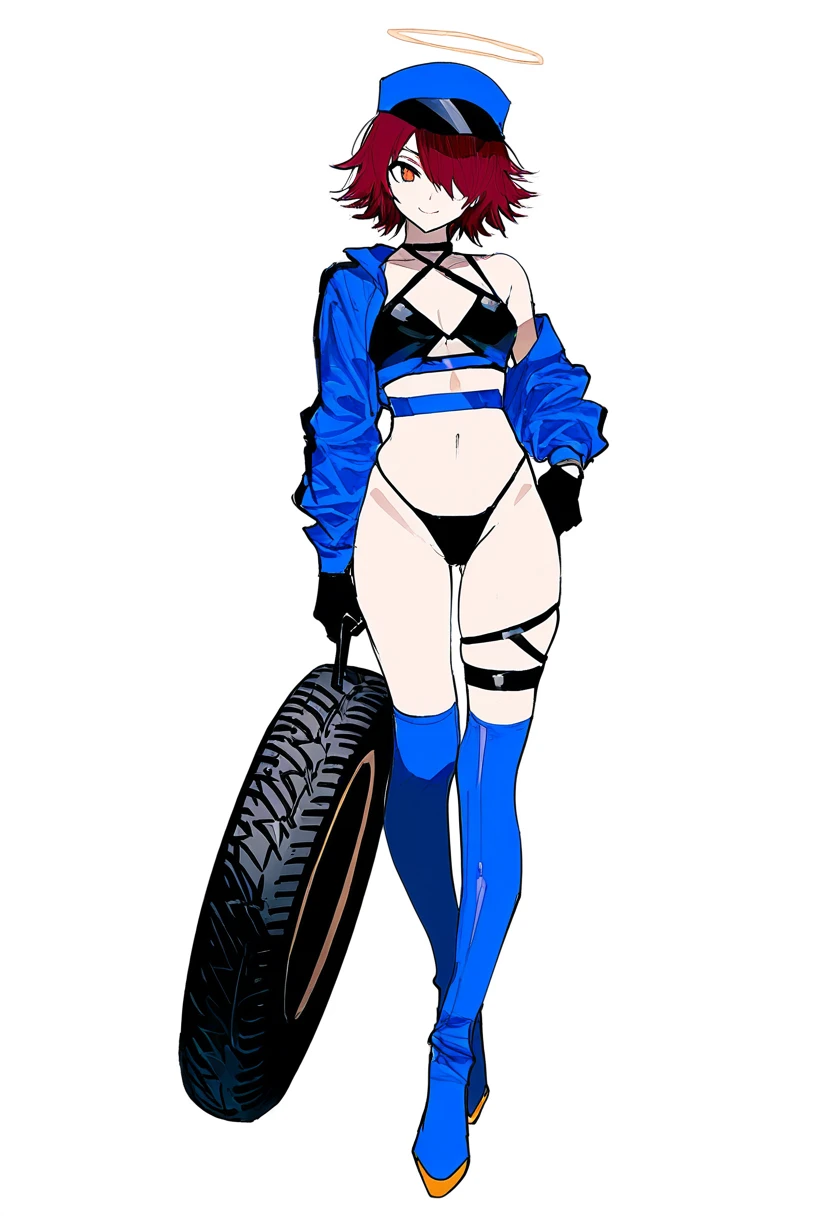 (remsrar),[[cogecha]],[lineart],[[[meyoco]]], - 1girl,exusiai \(arknights\),arknights,black gloves,black panties,blue thigh boots,blue hat,blue jacket,long sleeves,race queen,thigh strap,thong,single bare shoulder,skindentation,tire,