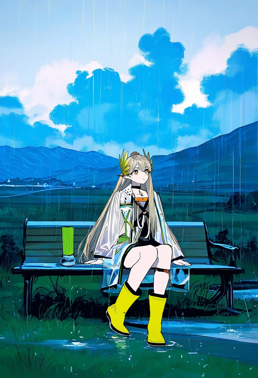 (remsrar),[[cogecha]],[lineart],[[[meyoco]]], - 1girl,muelsyse \(arknights\),arknights,cloudy sky,grass,on bench,outdoors,rain,road,yellow rubber boots,see-through coat,sitting,transparent raincoat,water drop,