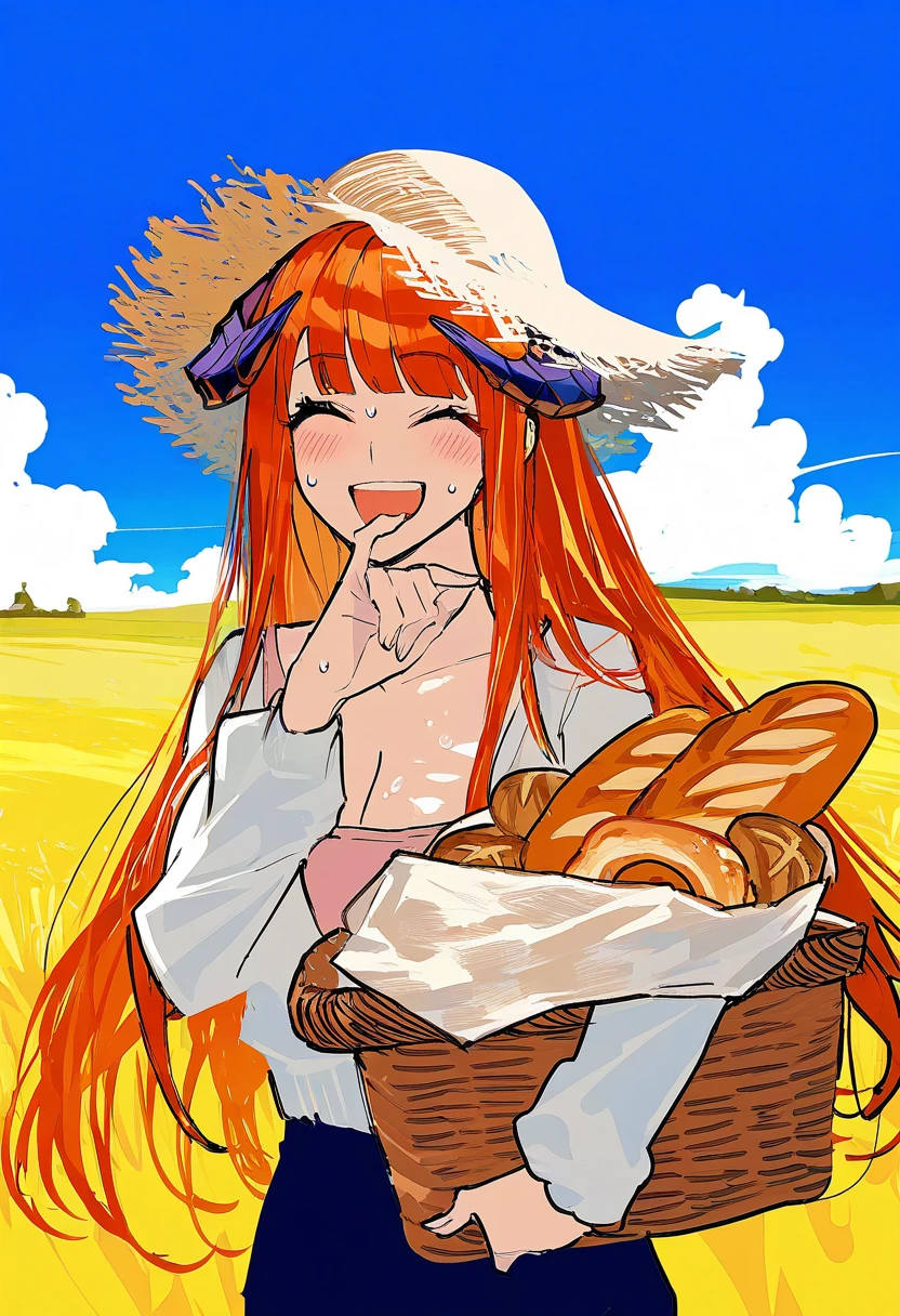 (remsrar),[[cogecha]],[lineart],[[[meyoco]]], - 1girl,bagpipe \(arknights\),arknights,baguette,blush,bread,croissant,holding basket,pretzel,upper body,straw hat,field,sky,laughing,sweat,sunlight,