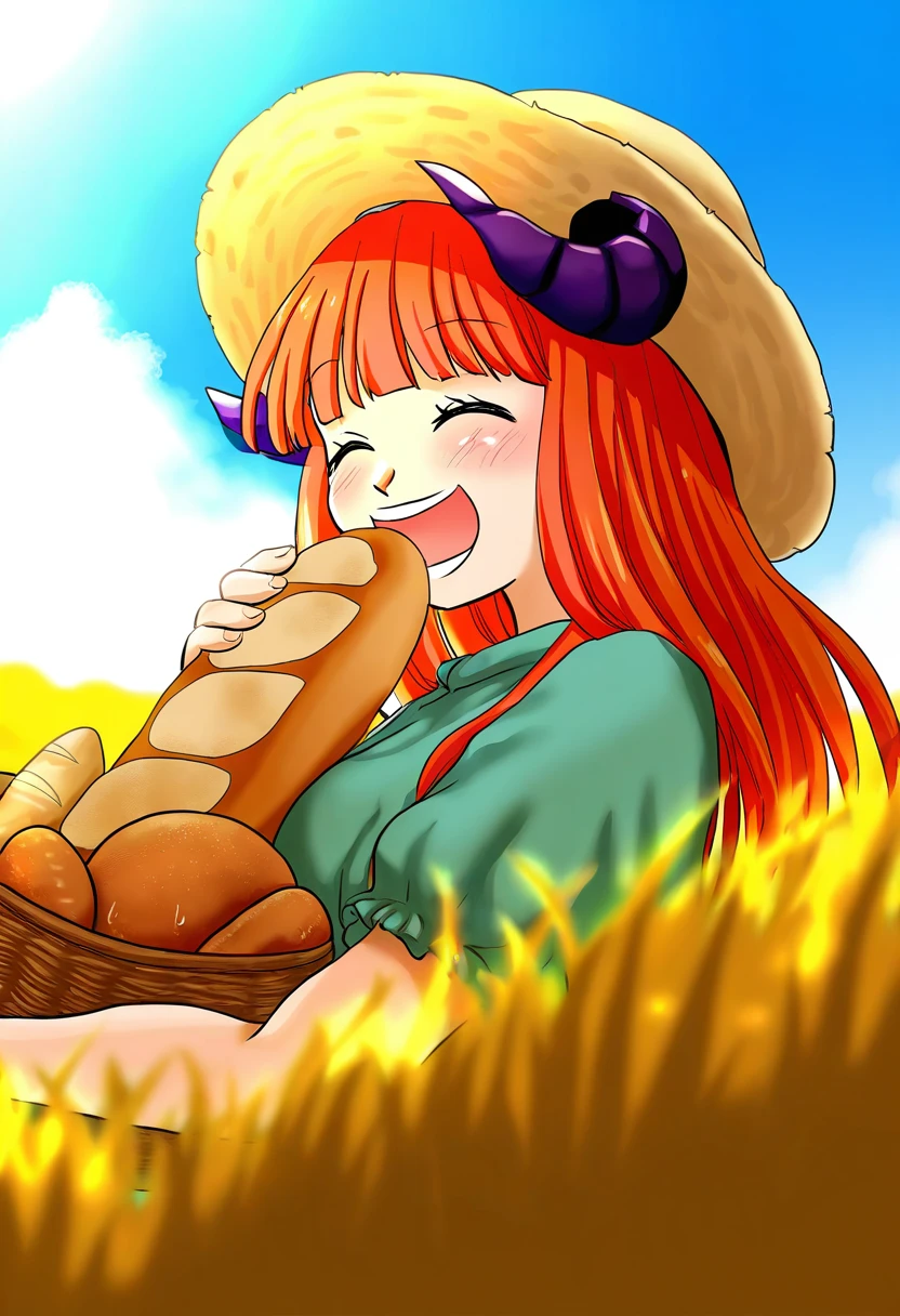 yuzuna99,(yokochou),[alp,bai lao shu],[[kedama milk,tianliang duohe fangdongye]], - 1girl,bagpipe \(arknights\),arknights,baguette,blush,bread,croissant,holding basket,pretzel,upper body,straw hat,field,sky,laughing,sweat,sunlight,