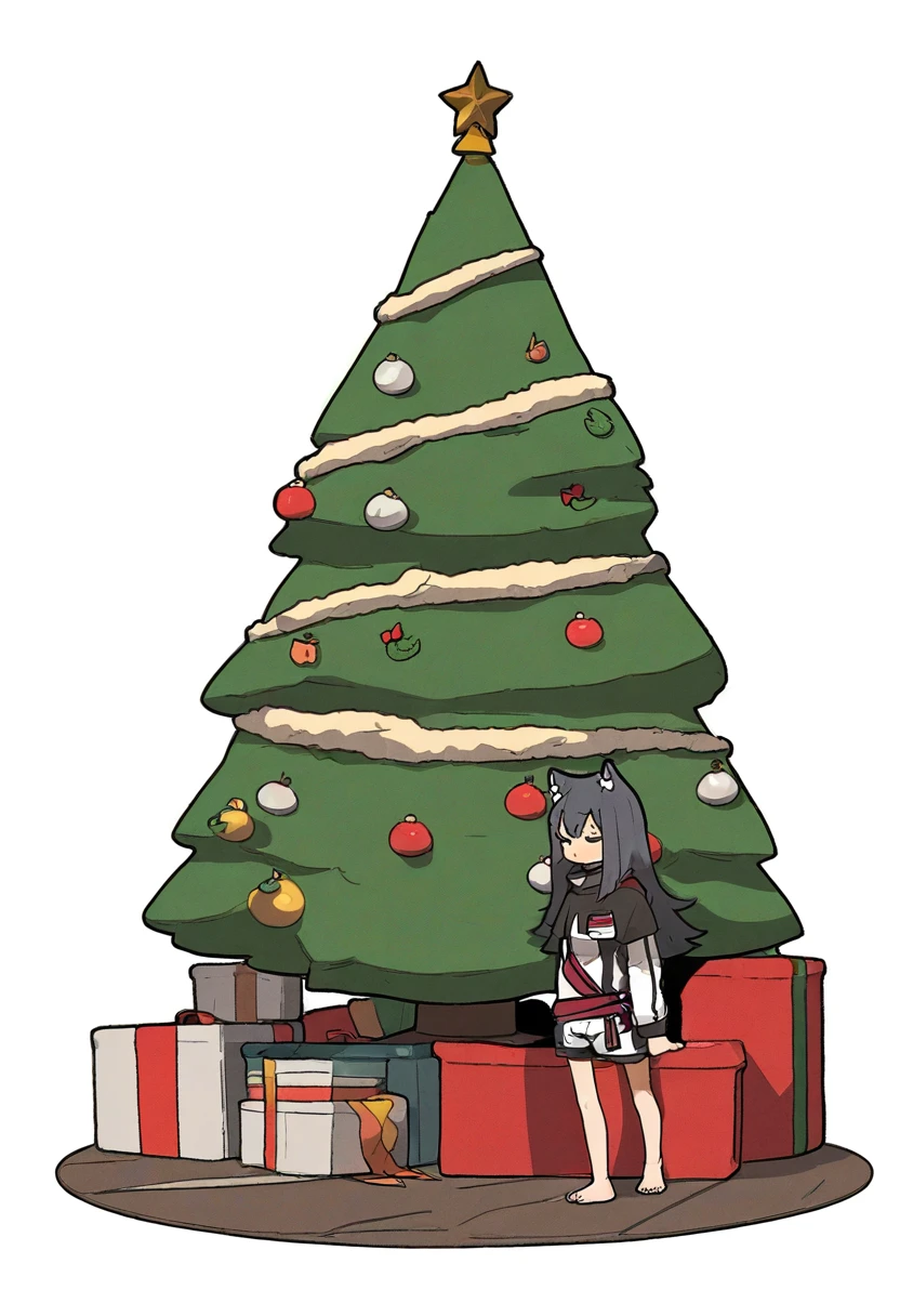 nopossumachine,[amonitto], - 1girl,texas \(arknights\),arknights,underwear,tactical vest,christmas tree,christmas ornaments,