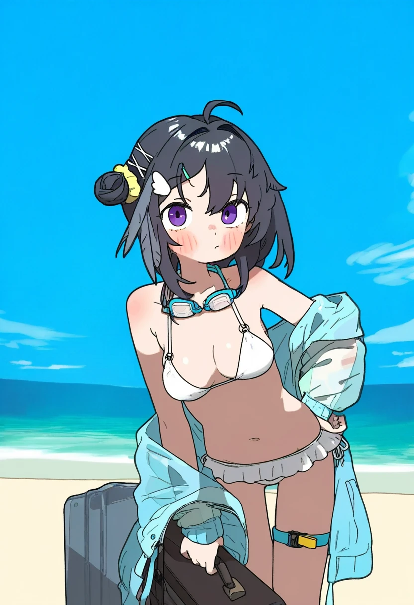 nopossumachine,[amonitto], - 1girl,la pluma \(summer flowers\) \(arknights\),arknights,white bikini,outdoors,navel,day,sky,blue sky,beach,suitcase,looking at viewer,ocean,low-tied long hair,leaning forward,standing,holding,frills,hand up,bare shoulders,floating hair,