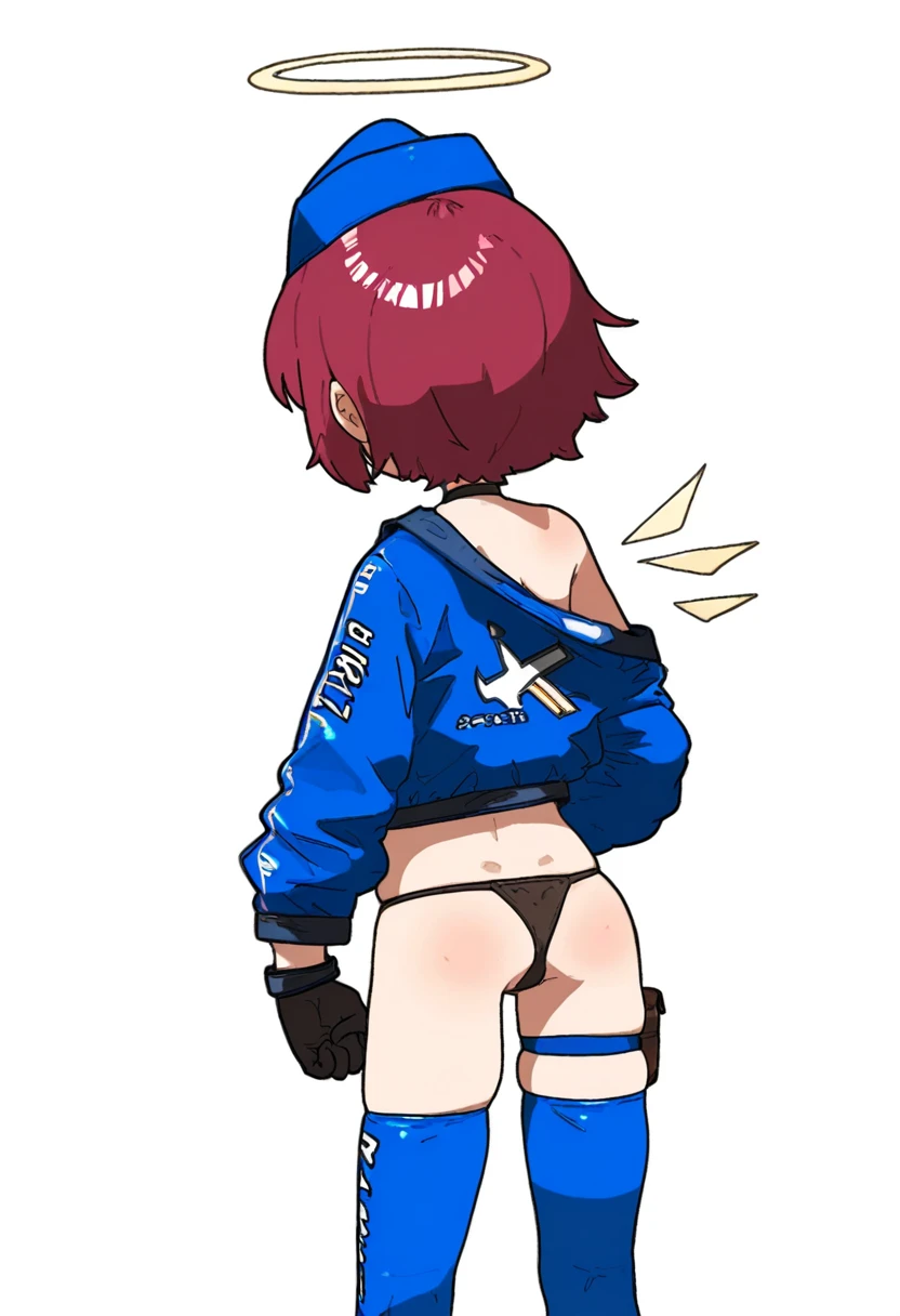 nopossumachine,[amonitto], - 1girl,exusiai \(arknights\),arknights,black gloves,black panties,blue thigh boots,blue hat,blue jacket,long sleeves,race queen,thigh strap,thong,single bare shoulder,skindentation,tire,