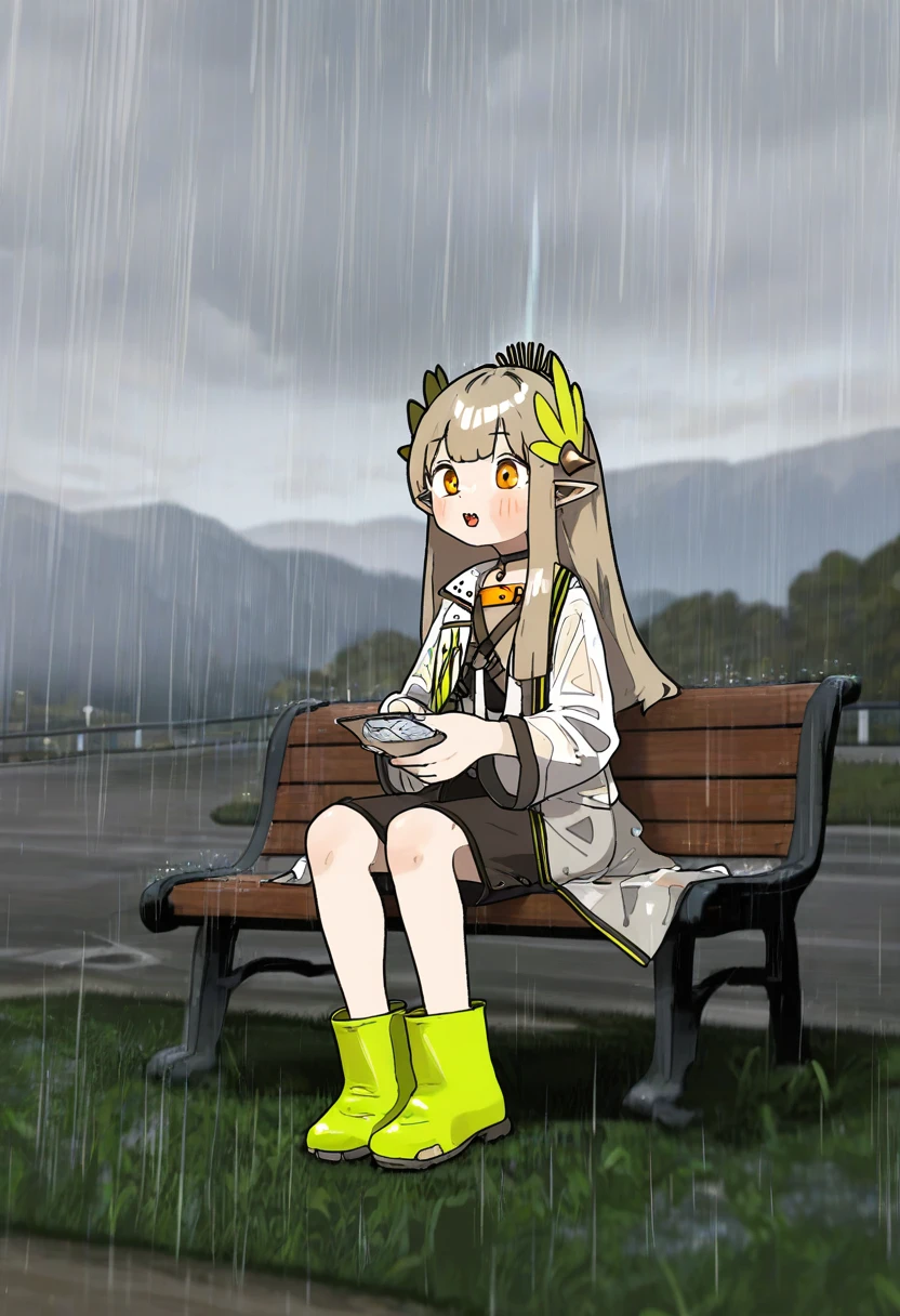 nopossumachine,[amonitto], - 1girl,muelsyse \(arknights\),arknights,cloudy sky,grass,on bench,outdoors,rain,road,yellow rubber boots,see-through coat,sitting,transparent raincoat,water drop,