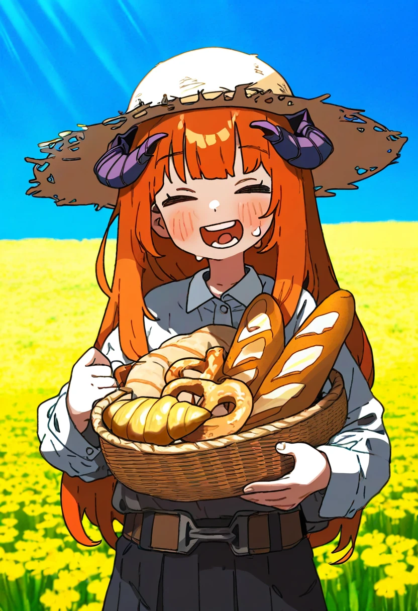 nopossumachine,[amonitto], - 1girl,bagpipe \(arknights\),arknights,baguette,blush,bread,croissant,holding basket,pretzel,upper body,straw hat,field,sky,laughing,sweat,sunlight,
