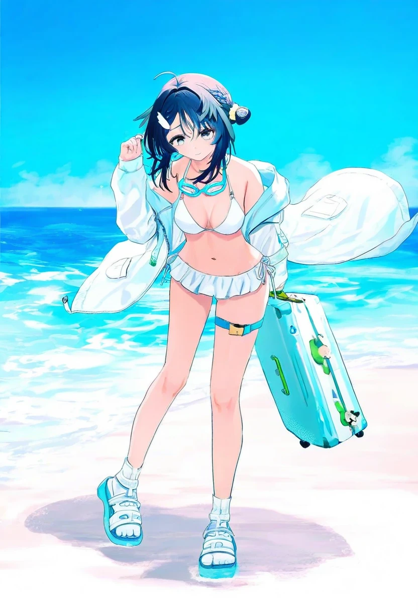[[namie]],aspara,((tabi \(tabisumika\))),[[[[ao+beni]]]],ayul \(ayulneri 92\),(norizc),[yokochou],(((rin31153336))),(((migolu))),sho (sho lwlw), - 1girl,la pluma \(summer flowers\) \(arknights\),arknights,white bikini,outdoors,navel,day,sky,blue sky,beach,suitcase,looking at viewer,ocean,low-tied long hair,leaning forward,standing,holding,frills,hand up,bare shoulders,floating hair,