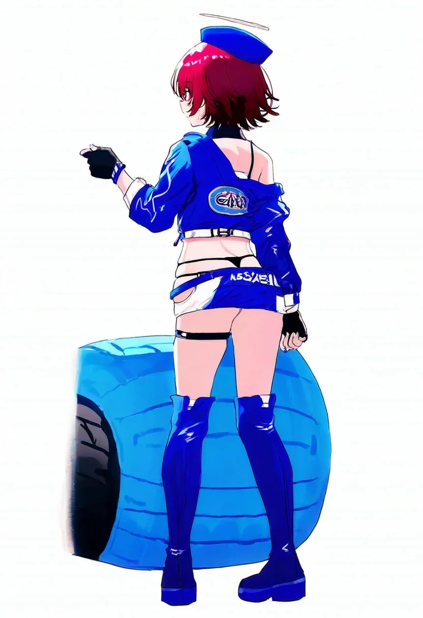 [[namie]],aspara,((tabi \(tabisumika\))),[[[[ao+beni]]]],ayul \(ayulneri 92\),(norizc),[yokochou],(((rin31153336))),(((migolu))),sho (sho lwlw), - 1girl,exusiai \(arknights\),arknights,black gloves,black panties,blue thigh boots,blue hat,blue jacket,long sleeves,race queen,thigh strap,thong,single bare shoulder,skindentation,tire,