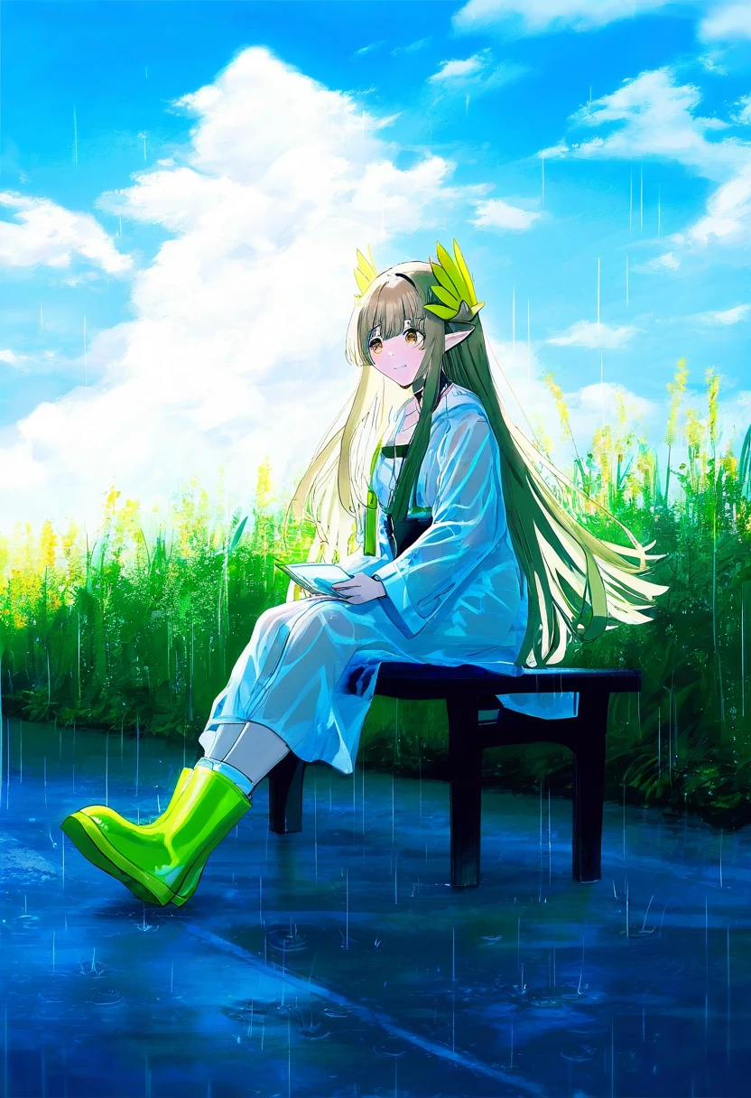 [[namie]],aspara,((tabi \(tabisumika\))),[[[[ao+beni]]]],ayul \(ayulneri 92\),(norizc),[yokochou],(((rin31153336))),(((migolu))),sho (sho lwlw), - 1girl,muelsyse \(arknights\),arknights,cloudy sky,grass,on bench,outdoors,rain,road,yellow rubber boots,see-through coat,sitting,transparent raincoat,water drop,