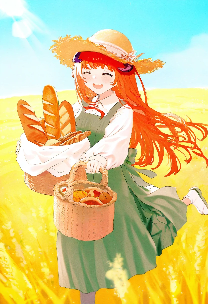 [[namie]],aspara,((tabi \(tabisumika\))),[[[[ao+beni]]]],ayul \(ayulneri 92\),(norizc),[yokochou],(((rin31153336))),(((migolu))),sho (sho lwlw), - 1girl,bagpipe \(arknights\),arknights,baguette,blush,bread,croissant,holding basket,pretzel,upper body,straw hat,field,sky,laughing,sweat,sunlight,