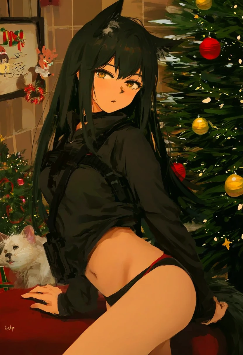 falin thorden,dungeon meshi,rurudo,miyuki \(miyuki0529\),konbu wakame,xilmo,wlop, - 1girl,texas \(arknights\),arknights,underwear,tactical vest,christmas tree,christmas ornaments,