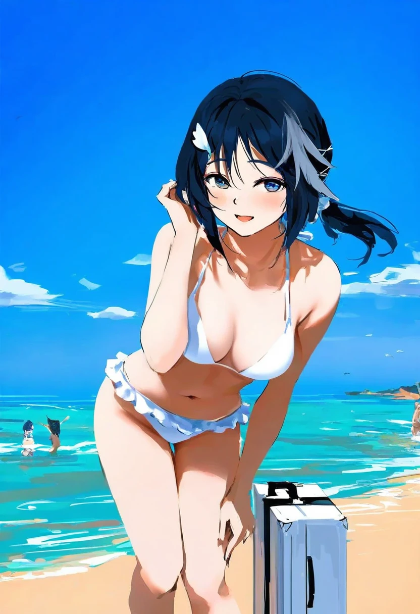 falin thorden,dungeon meshi,rurudo,miyuki \(miyuki0529\),konbu wakame,xilmo,wlop, - 1girl,la pluma \(summer flowers\) \(arknights\),arknights,white bikini,outdoors,navel,day,sky,blue sky,beach,suitcase,looking at viewer,ocean,low-tied long hair,leaning forward,standing,holding,frills,hand up,bare shoulders,floating hair,