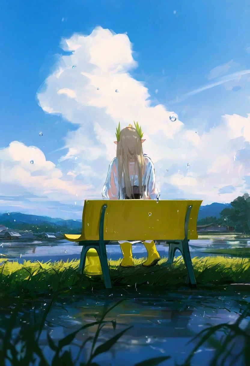 falin thorden,dungeon meshi,rurudo,miyuki \(miyuki0529\),konbu wakame,xilmo,wlop, - 1girl,muelsyse \(arknights\),arknights,cloudy sky,grass,on bench,outdoors,rain,road,yellow rubber boots,see-through coat,sitting,transparent raincoat,water drop,
