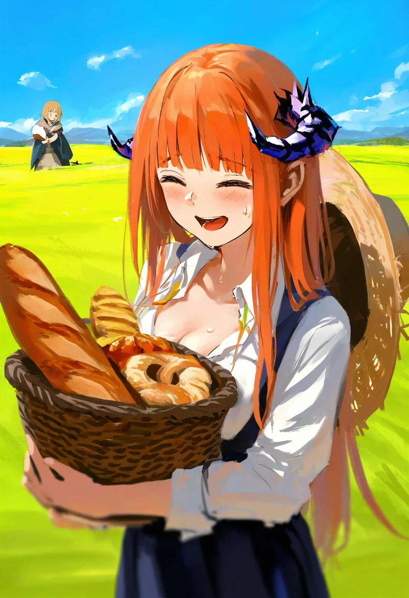 falin thorden,dungeon meshi,rurudo,miyuki \(miyuki0529\),konbu wakame,xilmo,wlop, - 1girl,bagpipe \(arknights\),arknights,baguette,blush,bread,croissant,holding basket,pretzel,upper body,straw hat,field,sky,laughing,sweat,sunlight,