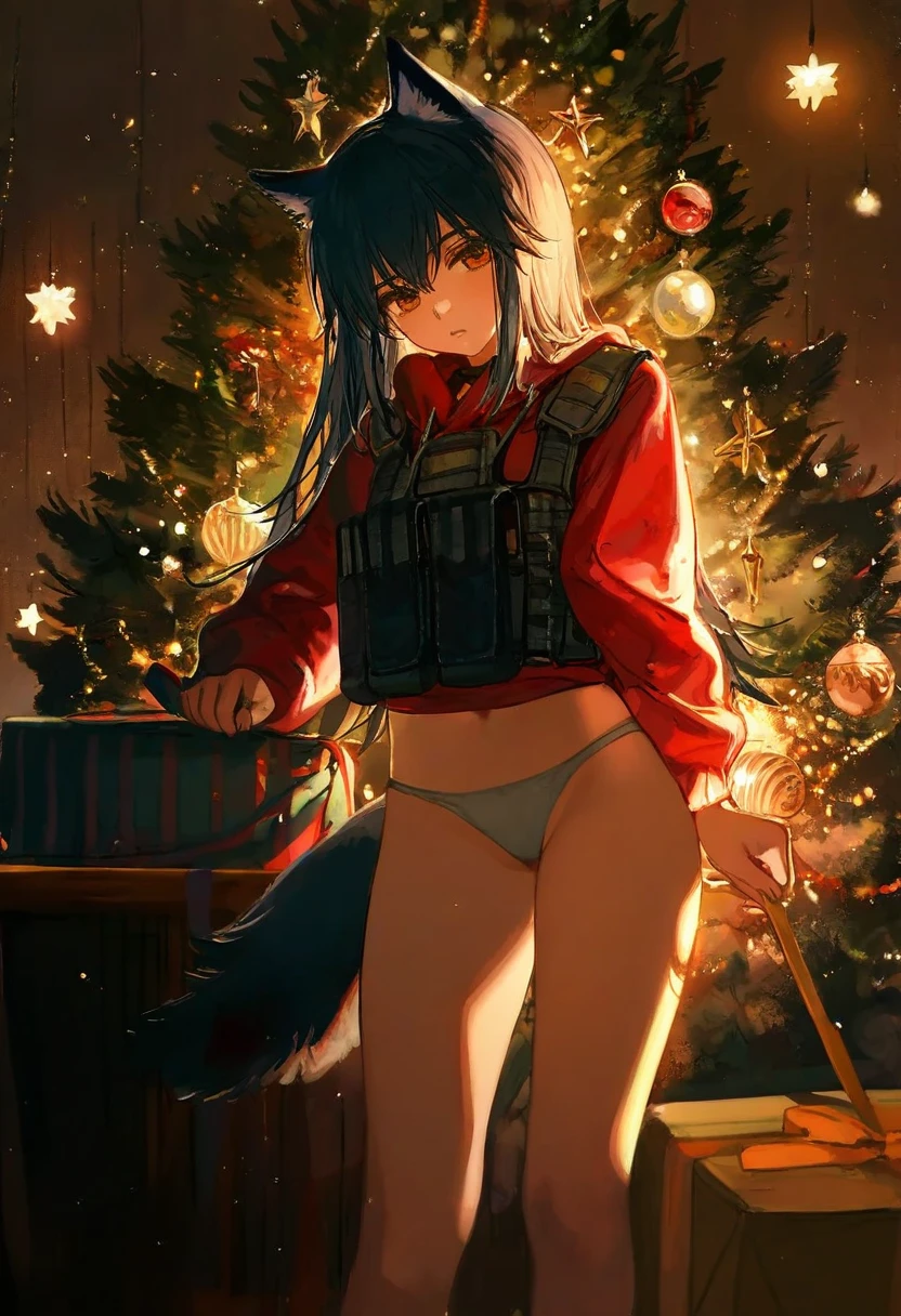 ask\(askzy\),ciloranko,cui \(jidanhaidaitang\),kuzuvine,miv4t,nixeu, - 1girl,texas \(arknights\),arknights,underwear,tactical vest,christmas tree,christmas ornaments,