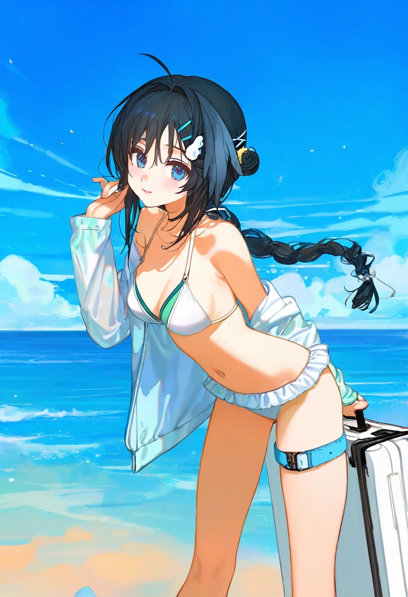 ask\(askzy\),ciloranko,cui \(jidanhaidaitang\),kuzuvine,miv4t,nixeu, - 1girl,la pluma \(summer flowers\) \(arknights\),arknights,white bikini,outdoors,navel,day,sky,blue sky,beach,suitcase,looking at viewer,ocean,low-tied long hair,leaning forward,standing,holding,frills,hand up,bare shoulders,floating hair,