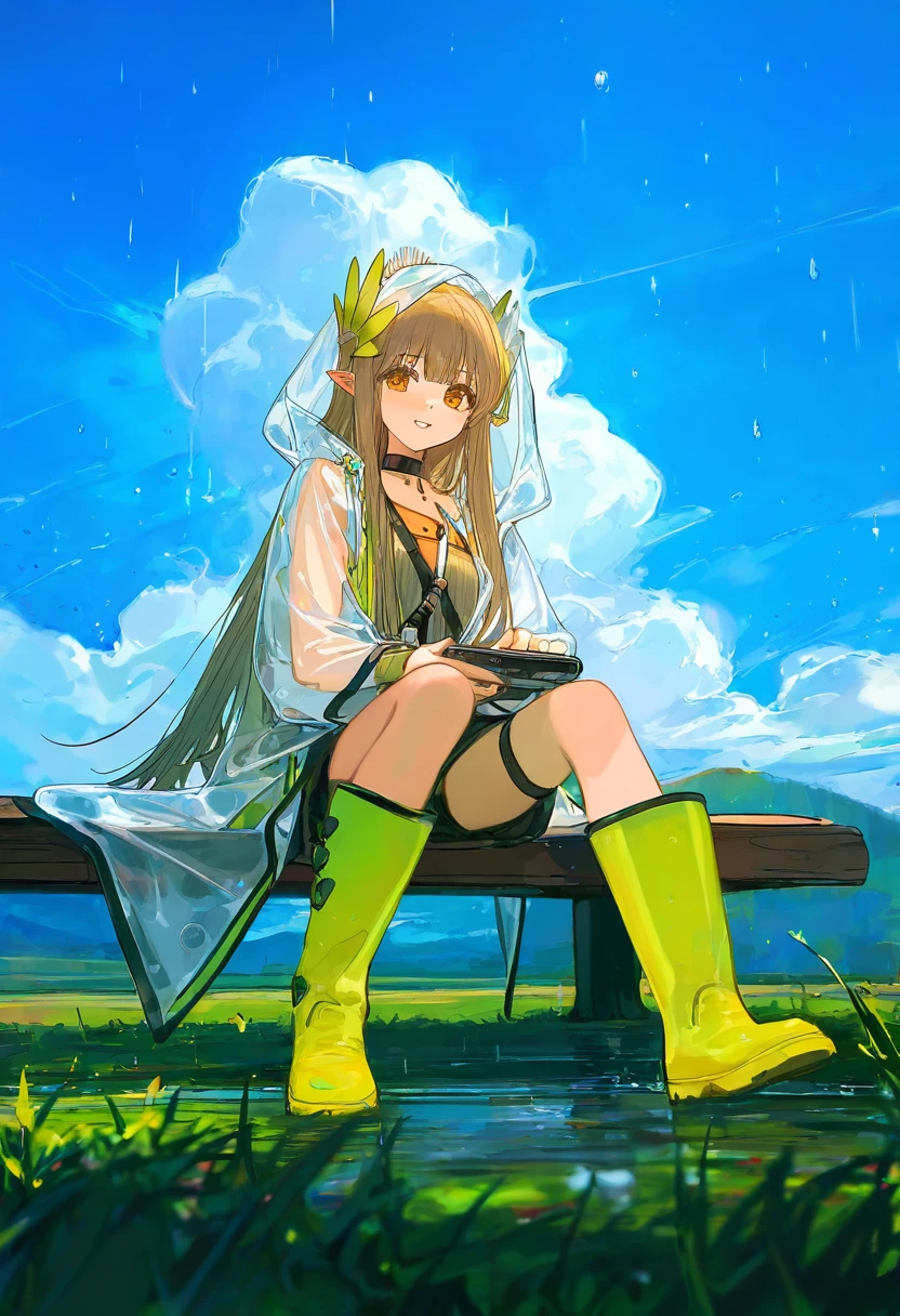 ask\(askzy\),ciloranko,cui \(jidanhaidaitang\),kuzuvine,miv4t,nixeu, - 1girl,muelsyse \(arknights\),arknights,cloudy sky,grass,on bench,outdoors,rain,road,yellow rubber boots,see-through coat,sitting,transparent raincoat,water drop,