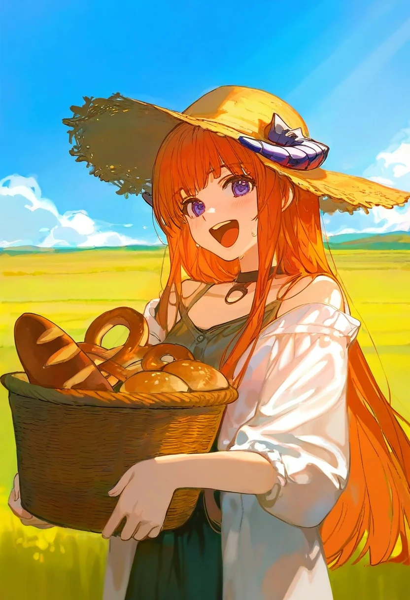 ask\(askzy\),ciloranko,cui \(jidanhaidaitang\),kuzuvine,miv4t,nixeu, - 1girl,bagpipe \(arknights\),arknights,baguette,blush,bread,croissant,holding basket,pretzel,upper body,straw hat,field,sky,laughing,sweat,sunlight,