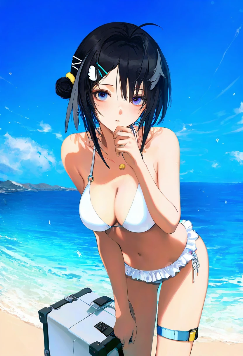 [[as109,wlop]],WANKE,[ciloranko],[[hiten]],K-SUWABE,((WANKE)),((mamimi)),\(dnd,fantasy,medieval\),OKAZU,(),solo,cowboy shot,official alternate costume,offcial art, - 1girl,la pluma \(summer flowers\) \(arknights\),arknights,white bikini,outdoors,navel,day,sky,blue sky,beach,suitcase,looking at viewer,ocean,low-tied long hair,leaning forward,standing,holding,frills,hand up,bare shoulders,floating hair,