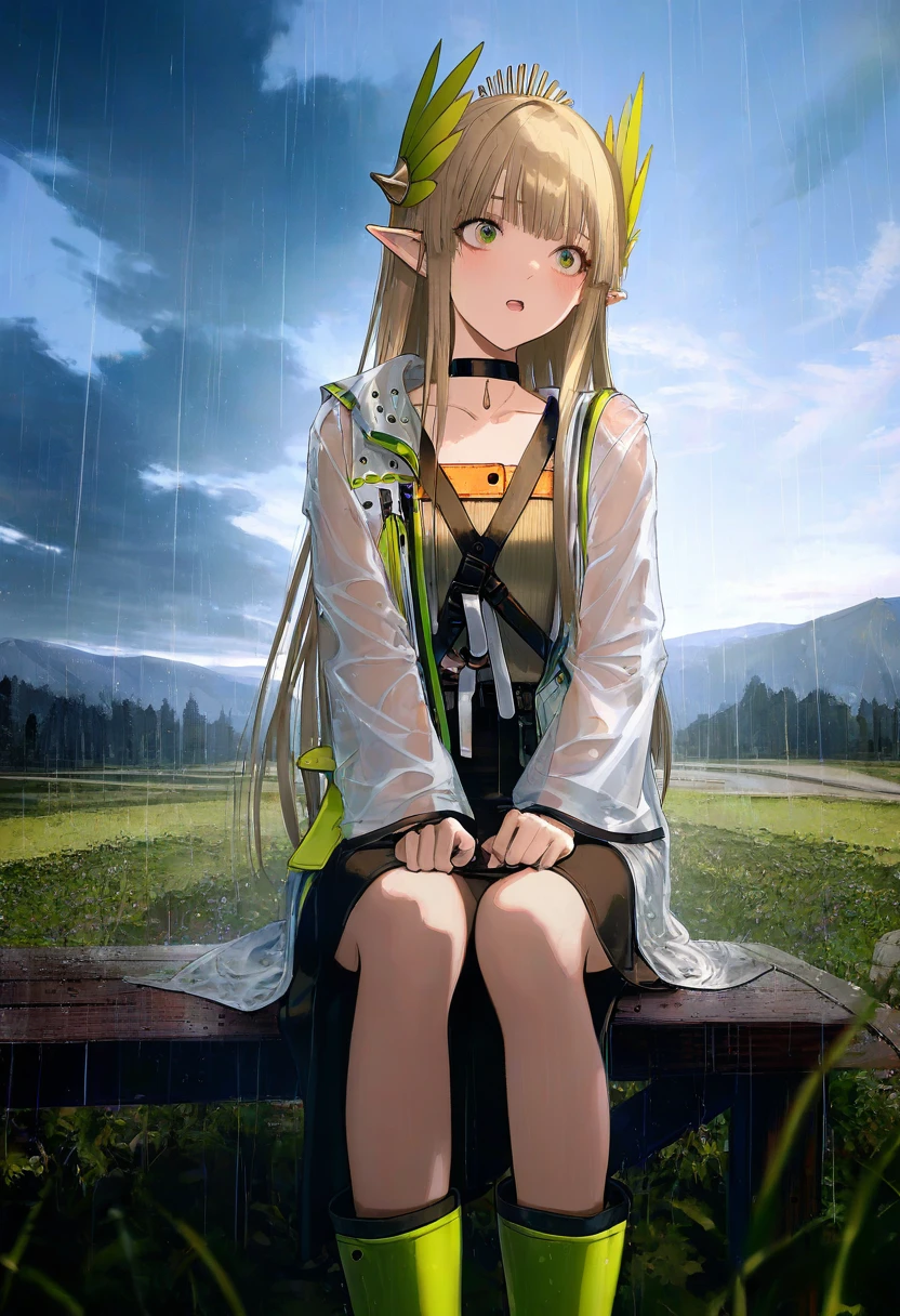 [[as109,wlop]],WANKE,[ciloranko],[[hiten]],K-SUWABE,((WANKE)),((mamimi)),\(dnd,fantasy,medieval\),OKAZU,(),solo,cowboy shot,official alternate costume,offcial art, - 1girl,muelsyse \(arknights\),arknights,cloudy sky,grass,on bench,outdoors,rain,road,yellow rubber boots,see-through coat,sitting,transparent raincoat,water drop,