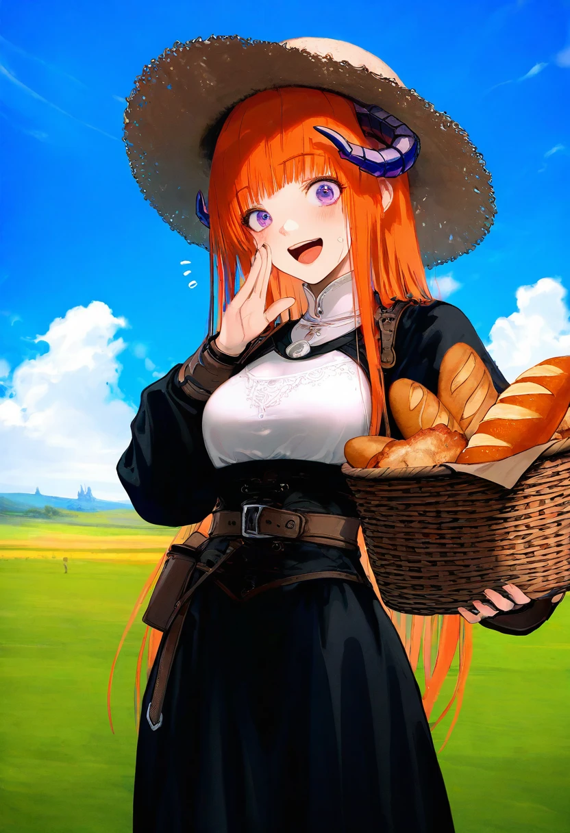 [[as109,wlop]],WANKE,[ciloranko],[[hiten]],K-SUWABE,((WANKE)),((mamimi)),\(dnd,fantasy,medieval\),OKAZU,(),solo,cowboy shot,official alternate costume,offcial art, - 1girl,bagpipe \(arknights\),arknights,baguette,blush,bread,croissant,holding basket,pretzel,upper body,straw hat,field,sky,laughing,sweat,sunlight,