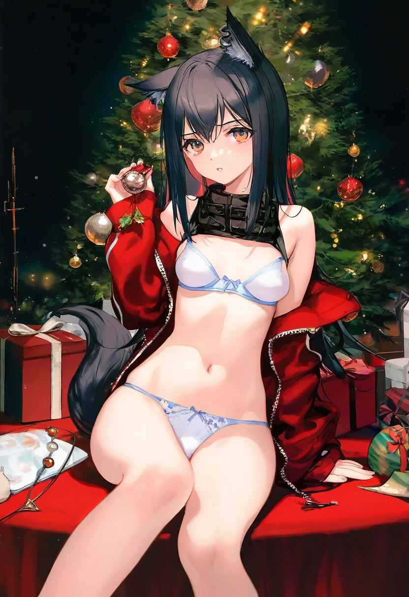 [kedama milk],[ask \(askzy\)],wanke,[ATDAN],ciloranko,[[rhasta]],[tidsean],[ke-ta],((chiaroscuro)),[as109]],[sho \(sho lwlw\)]],wlop, - 1girl,texas \(arknights\),arknights,underwear,tactical vest,christmas tree,christmas ornaments,