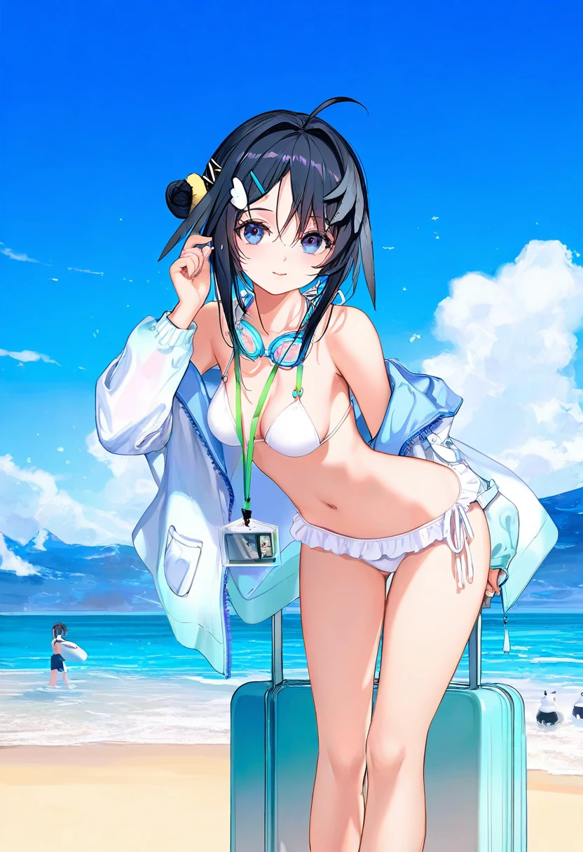 [kedama milk],[ask \(askzy\)],wanke,[ATDAN],ciloranko,[[rhasta]],[tidsean],[ke-ta],((chiaroscuro)),[as109]],[sho \(sho lwlw\)]],wlop, - 1girl,la pluma \(summer flowers\) \(arknights\),arknights,white bikini,outdoors,navel,day,sky,blue sky,beach,suitcase,looking at viewer,ocean,low-tied long hair,leaning forward,standing,holding,frills,hand up,bare shoulders,floating hair,