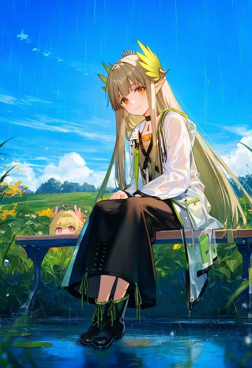 [kedama milk],[ask \(askzy\)],wanke,[ATDAN],ciloranko,[[rhasta]],[tidsean],[ke-ta],((chiaroscuro)),[as109]],[sho \(sho lwlw\)]],wlop, - 1girl,muelsyse \(arknights\),arknights,cloudy sky,grass,on bench,outdoors,rain,road,yellow rubber boots,see-through coat,sitting,transparent raincoat,water drop,