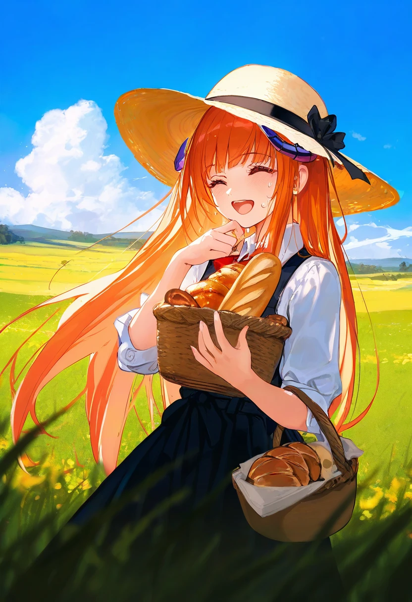[kedama milk],[ask \(askzy\)],wanke,[ATDAN],ciloranko,[[rhasta]],[tidsean],[ke-ta],((chiaroscuro)),[as109]],[sho \(sho lwlw\)]],wlop, - 1girl,bagpipe \(arknights\),arknights,baguette,blush,bread,croissant,holding basket,pretzel,upper body,straw hat,field,sky,laughing,sweat,sunlight,