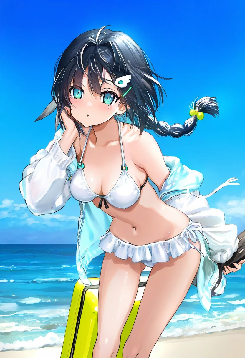(((happoubi jin))),((gawako,yoneyama mai)),[[sawkm,chen bin,as109,kase daiki,hitomaru]], - 1girl,la pluma \(summer flowers\) \(arknights\),arknights,white bikini,outdoors,navel,day,sky,blue sky,beach,suitcase,looking at viewer,ocean,low-tied long hair,leaning forward,standing,holding,frills,hand up,bare shoulders,floating hair,