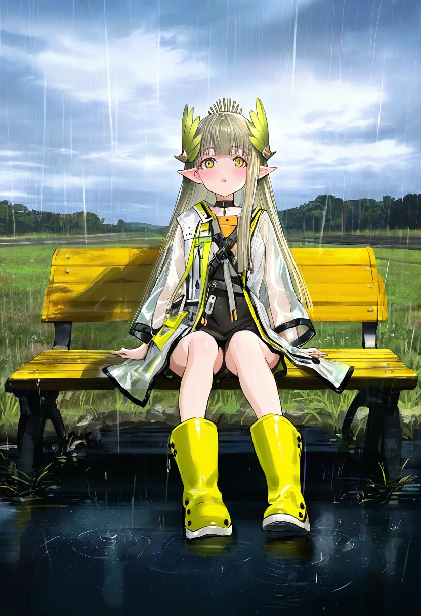 (((happoubi jin))),((gawako,yoneyama mai)),[[sawkm,chen bin,as109,kase daiki,hitomaru]], - 1girl,muelsyse \(arknights\),arknights,cloudy sky,grass,on bench,outdoors,rain,road,yellow rubber boots,see-through coat,sitting,transparent raincoat,water drop,