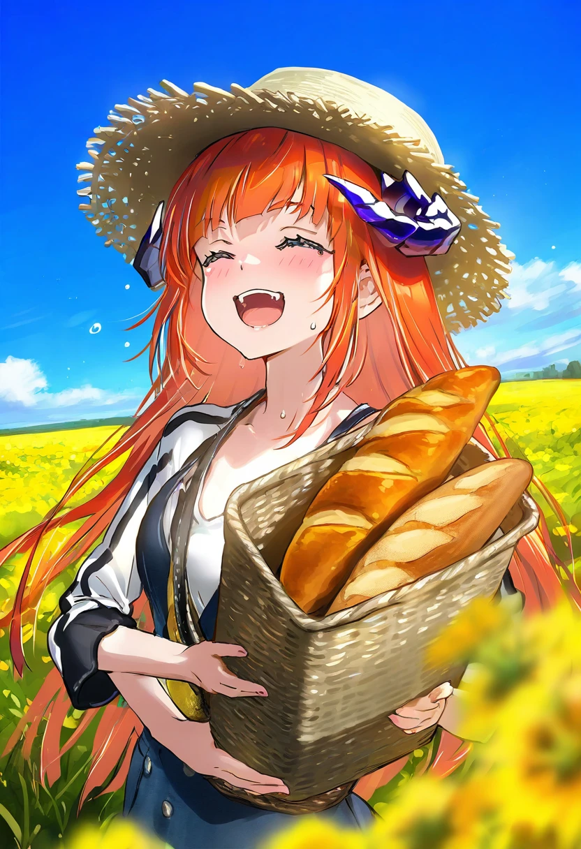 (((happoubi jin))),((gawako,yoneyama mai)),[[sawkm,chen bin,as109,kase daiki,hitomaru]], - 1girl,bagpipe \(arknights\),arknights,baguette,blush,bread,croissant,holding basket,pretzel,upper body,straw hat,field,sky,laughing,sweat,sunlight,
