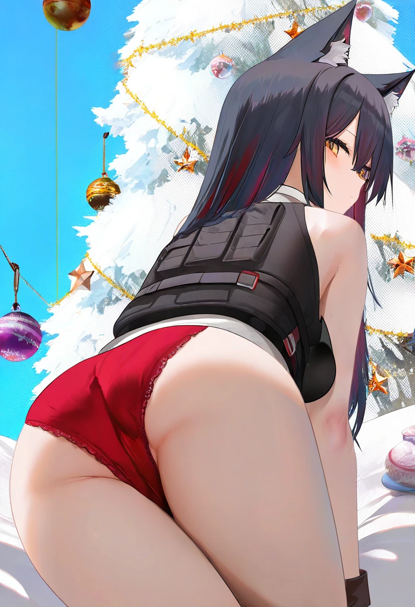 ru zhai,da mao banlangen,omone hokoma agm, - 1girl,texas \(arknights\),arknights,underwear,tactical vest,christmas tree,christmas ornaments,
