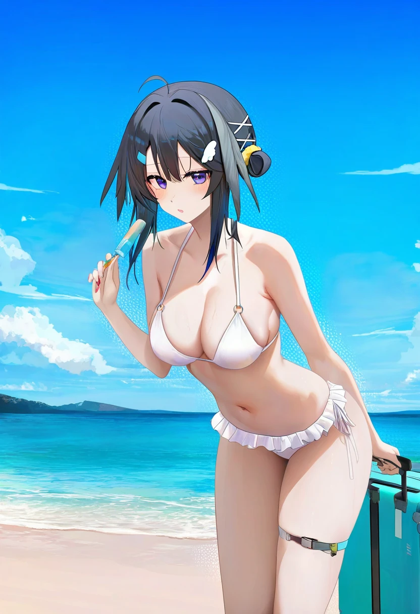 ru zhai,da mao banlangen,omone hokoma agm, - 1girl,la pluma \(summer flowers\) \(arknights\),arknights,white bikini,outdoors,navel,day,sky,blue sky,beach,suitcase,looking at viewer,ocean,low-tied long hair,leaning forward,standing,holding,frills,hand up,bare shoulders,floating hair,
