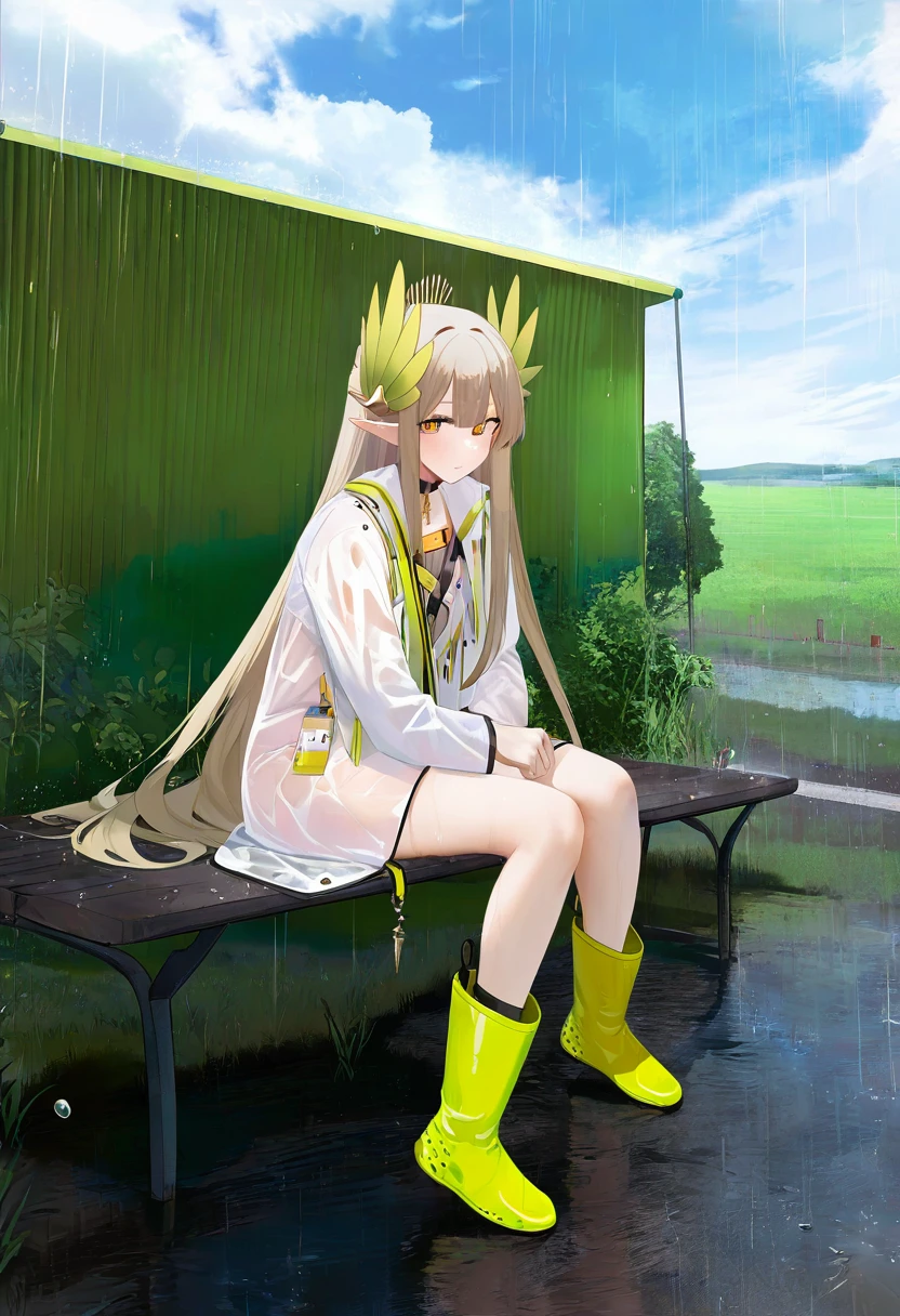 ru zhai,da mao banlangen,omone hokoma agm, - 1girl,muelsyse \(arknights\),arknights,cloudy sky,grass,on bench,outdoors,rain,road,yellow rubber boots,see-through coat,sitting,transparent raincoat,water drop,