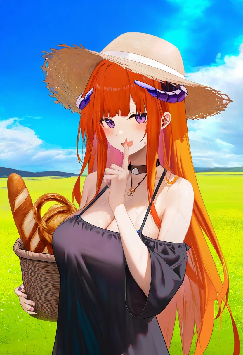 ru zhai,da mao banlangen,omone hokoma agm, - 1girl,bagpipe \(arknights\),arknights,baguette,blush,bread,croissant,holding basket,pretzel,upper body,straw hat,field,sky,laughing,sweat,sunlight,