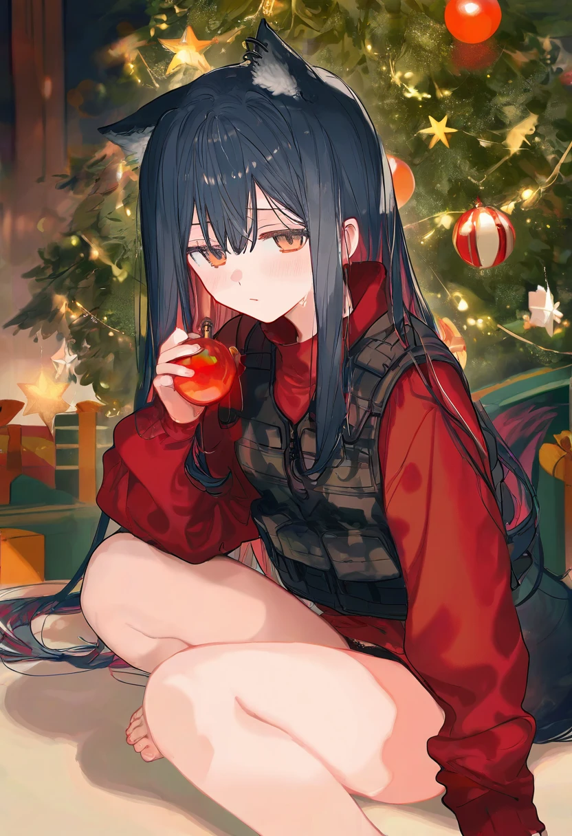 [ciloranko],kazutake hazano,[kedama milk],[ask \(askzy\)], - 1girl,texas \(arknights\),arknights,underwear,tactical vest,christmas tree,christmas ornaments,