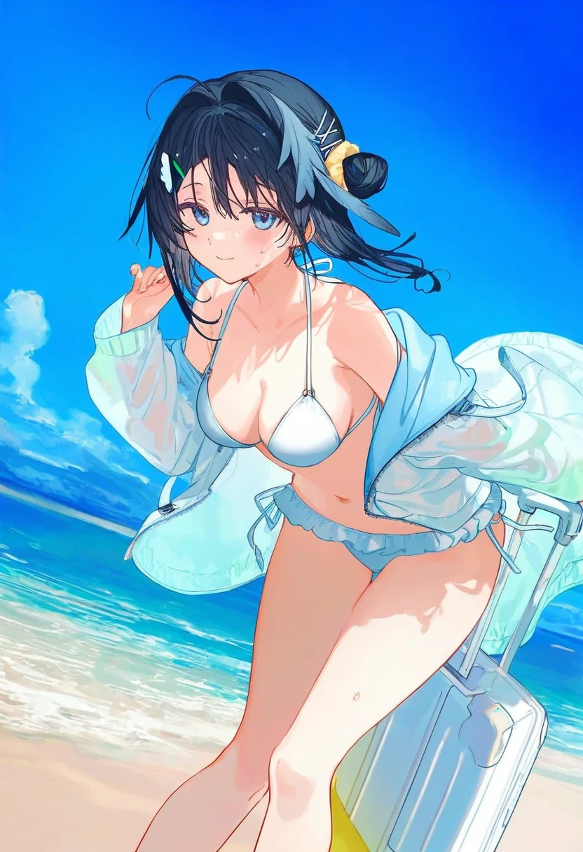 [ciloranko],kazutake hazano,[kedama milk],[ask \(askzy\)], - 1girl,la pluma \(summer flowers\) \(arknights\),arknights,white bikini,outdoors,navel,day,sky,blue sky,beach,suitcase,looking at viewer,ocean,low-tied long hair,leaning forward,standing,holding,frills,hand up,bare shoulders,floating hair,