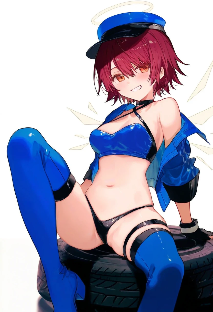 [ciloranko],kazutake hazano,[kedama milk],[ask \(askzy\)], - 1girl,exusiai \(arknights\),arknights,black gloves,black panties,blue thigh boots,blue hat,blue jacket,long sleeves,race queen,thigh strap,thong,single bare shoulder,skindentation,tire,