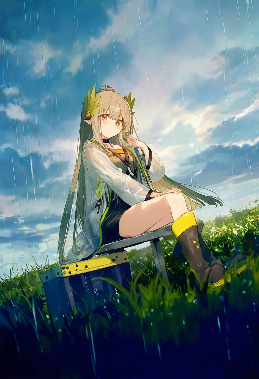 [ciloranko],kazutake hazano,[kedama milk],[ask \(askzy\)], - 1girl,muelsyse \(arknights\),arknights,cloudy sky,grass,on bench,outdoors,rain,road,yellow rubber boots,see-through coat,sitting,transparent raincoat,water drop,