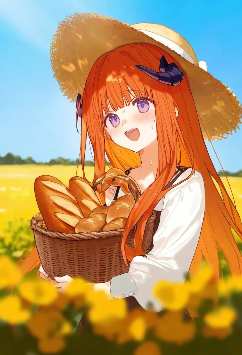 [ciloranko],kazutake hazano,[kedama milk],[ask \(askzy\)], - 1girl,bagpipe \(arknights\),arknights,baguette,blush,bread,croissant,holding basket,pretzel,upper body,straw hat,field,sky,laughing,sweat,sunlight,